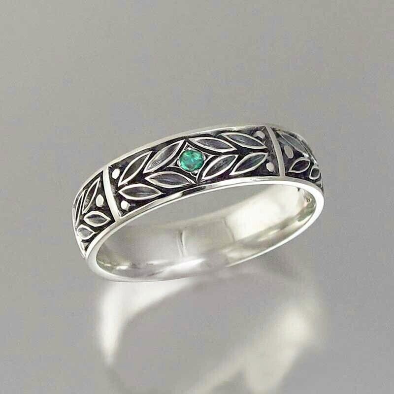 Silver Plated Retro Leaf Vintage Antique Birthday Band 1 Ct CZ Anniversary Ring