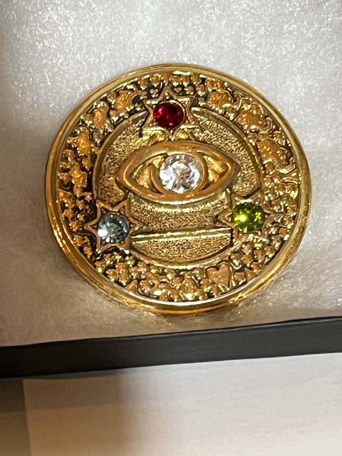 Vtg. Jewels Third Eye Charm, Authentic Rhinestone pin Brooch lucky charm Signed