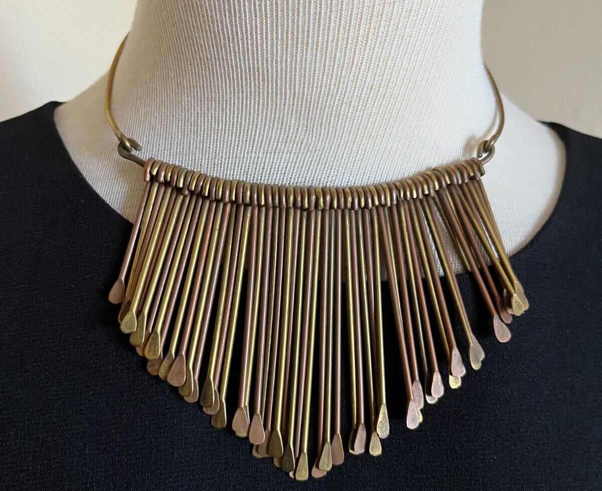 Vintage Brass Paddle Bib Collar Necklace Choker Hammered Fringe Tribal Boho