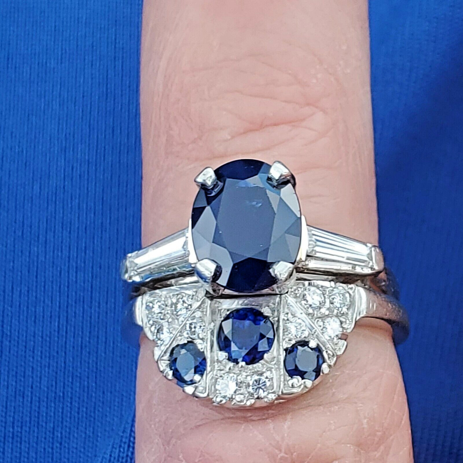 EARTH MINED SAPPHIRE DIAMON Deco Wedding Band Unique Vintage SOLID PLATINUM Ring
