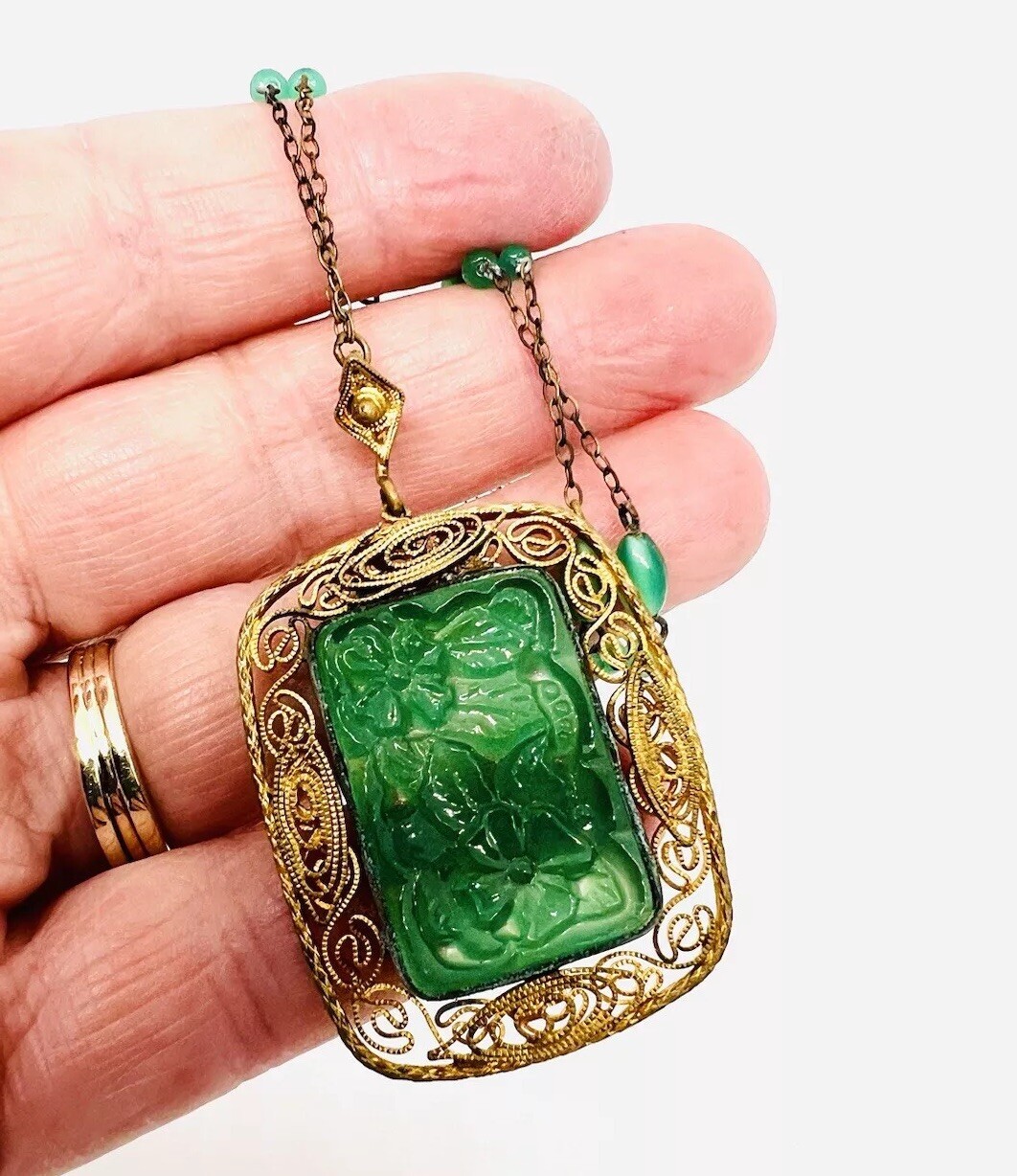 Art Deco Chinese Export Green Peking Glass Beaded Chain Necklace Vintage Jewelry