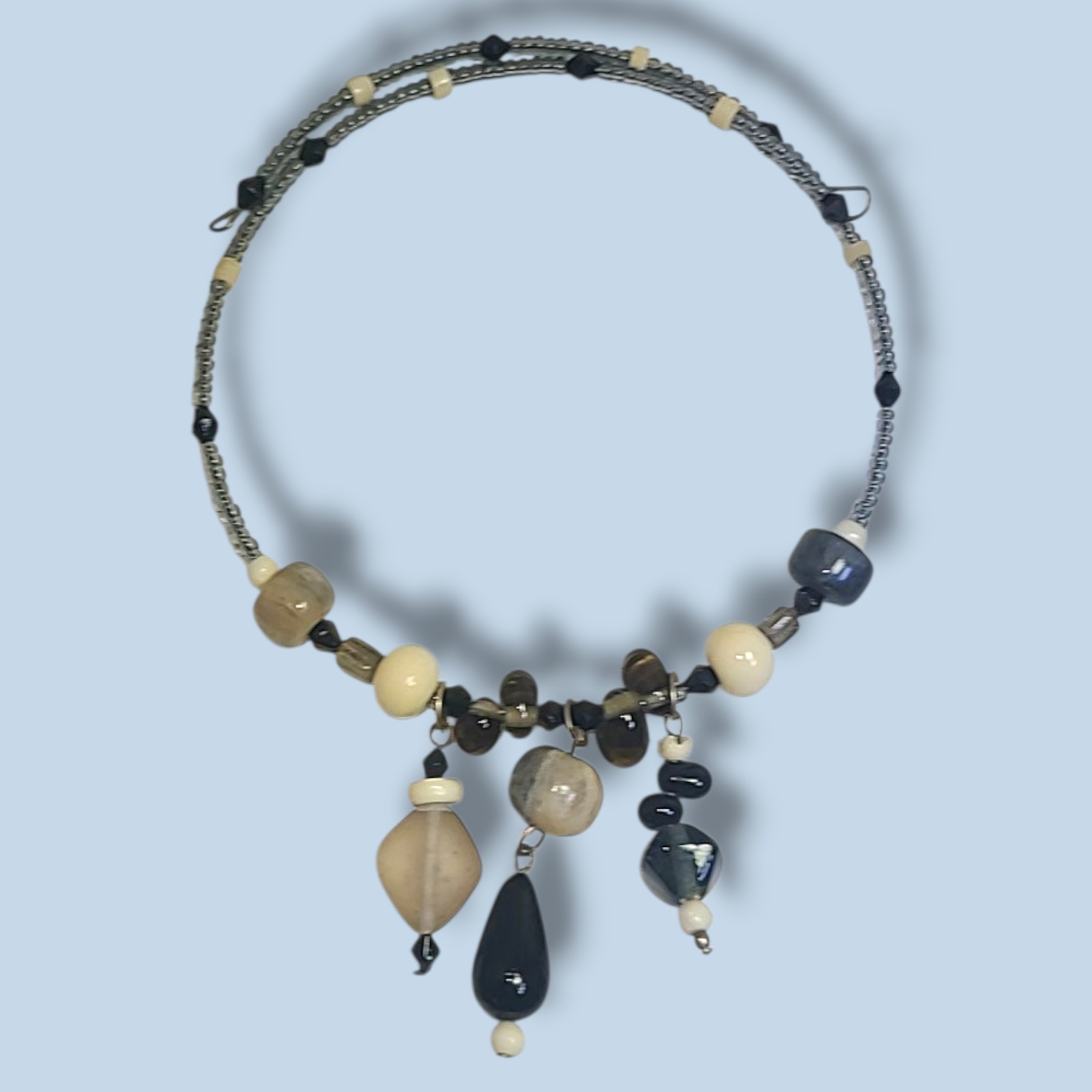 Memory Wire Glass Bead Choker Necklace Dangle Charms Neutral Black Cream