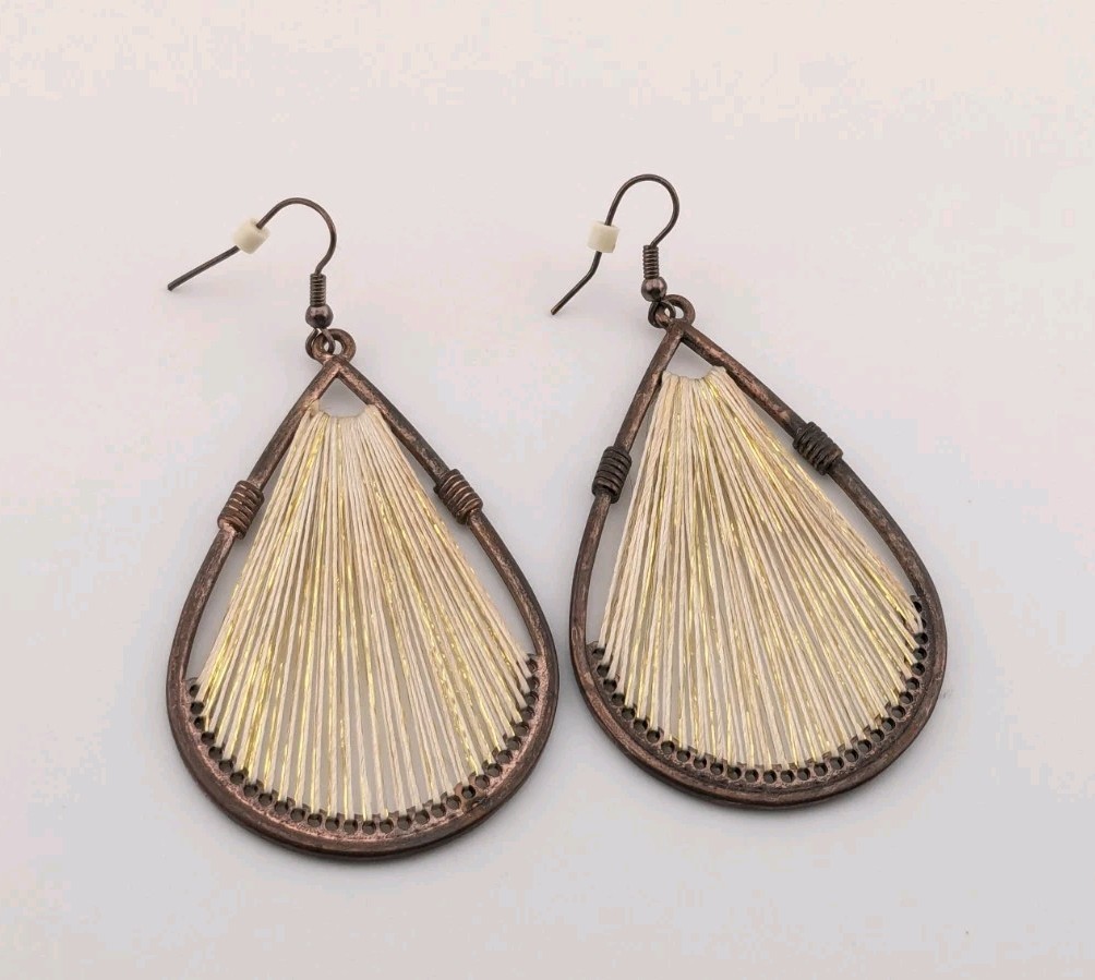 Vintage Copper Teardrop Earrings Large Gold Glistening String Peruvian
