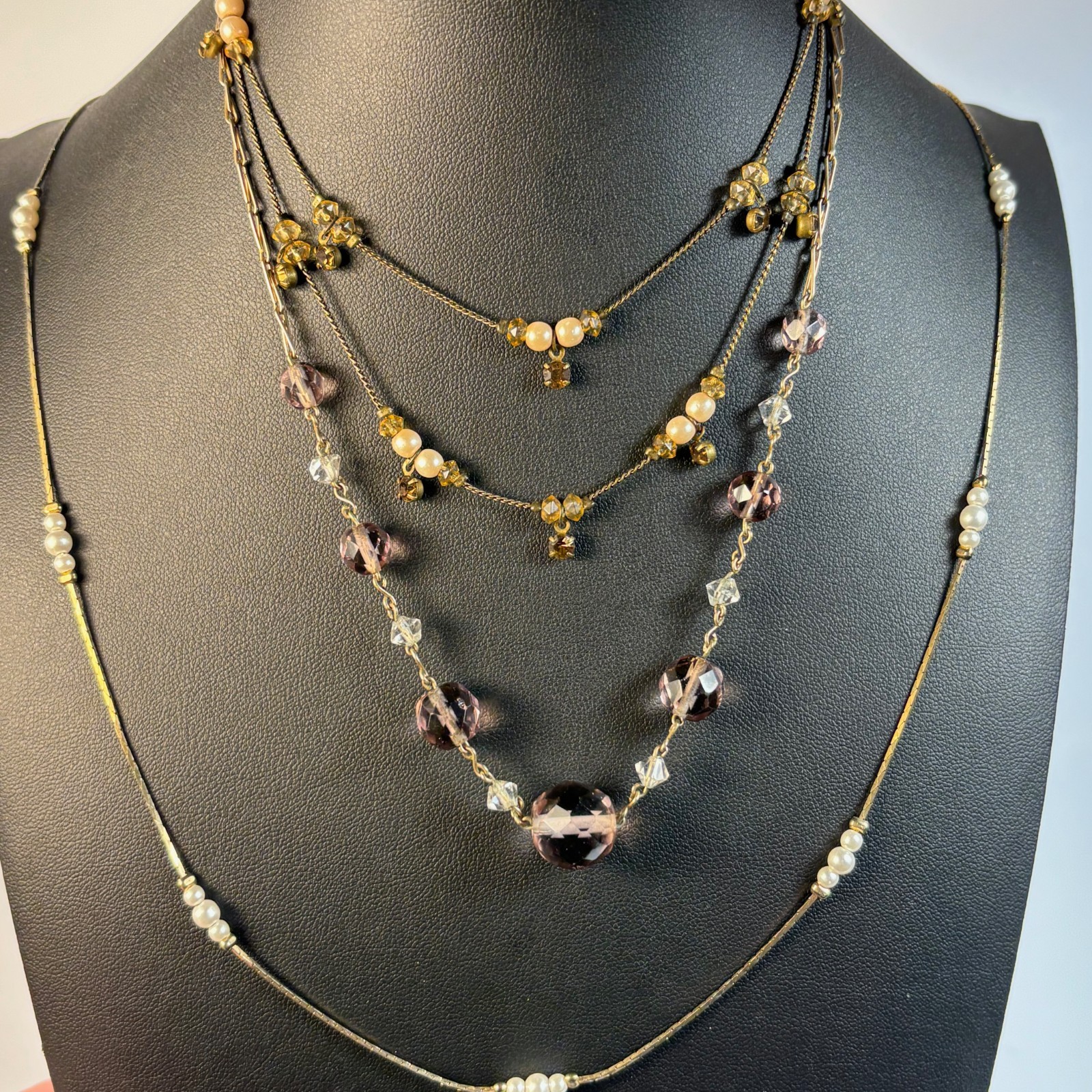 Necklace Lot Gold Tone Pearl Lavender Cut Glass Beads Delicate Romantic