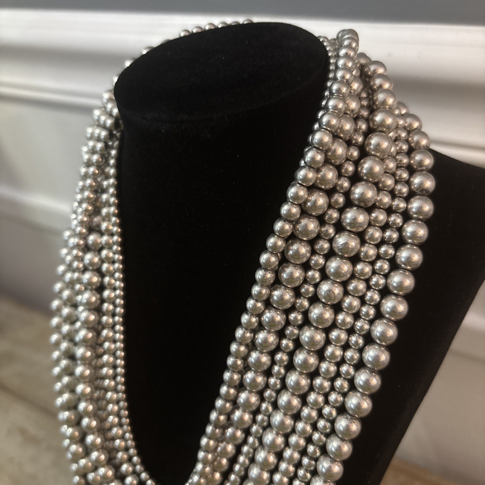 Vintage Gray Silver Layered Multi-Strand Faux Pearl Statement Necklace 17”