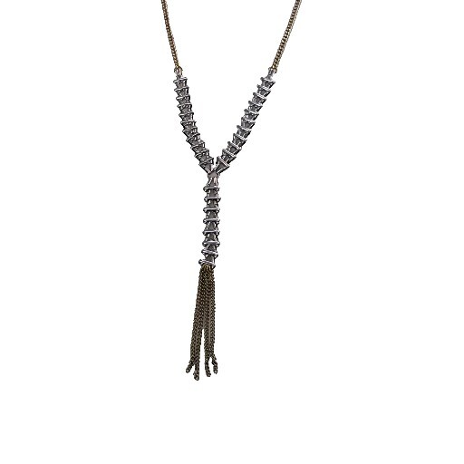 Signed Hinged Chevron Link & Curb Chain Y Statement Necklace Mixed Metals