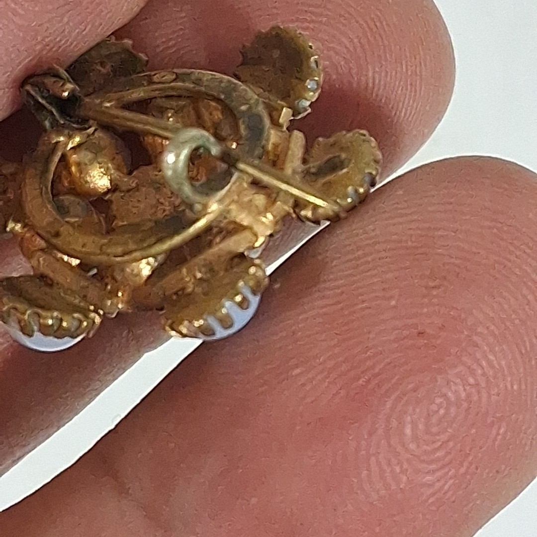 Antique Victorian Gold Wash Opaline Glass Clear Rhinestone Flower Brooch C Clasp
