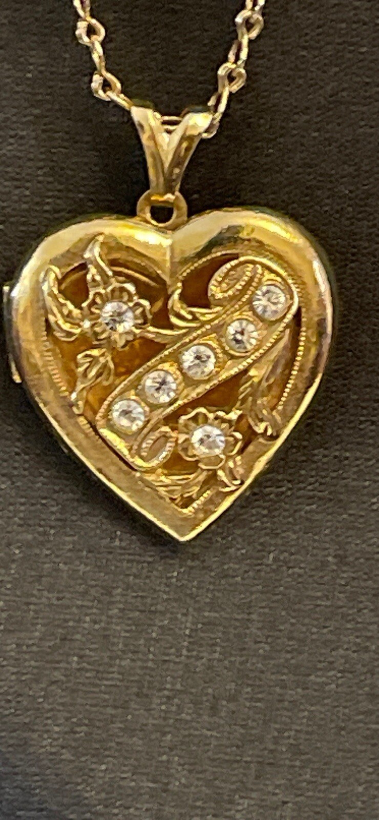 Signed1928-14k Gold Dipped Necklace W Heart Shaped Gold N Clear Crystals Locket
