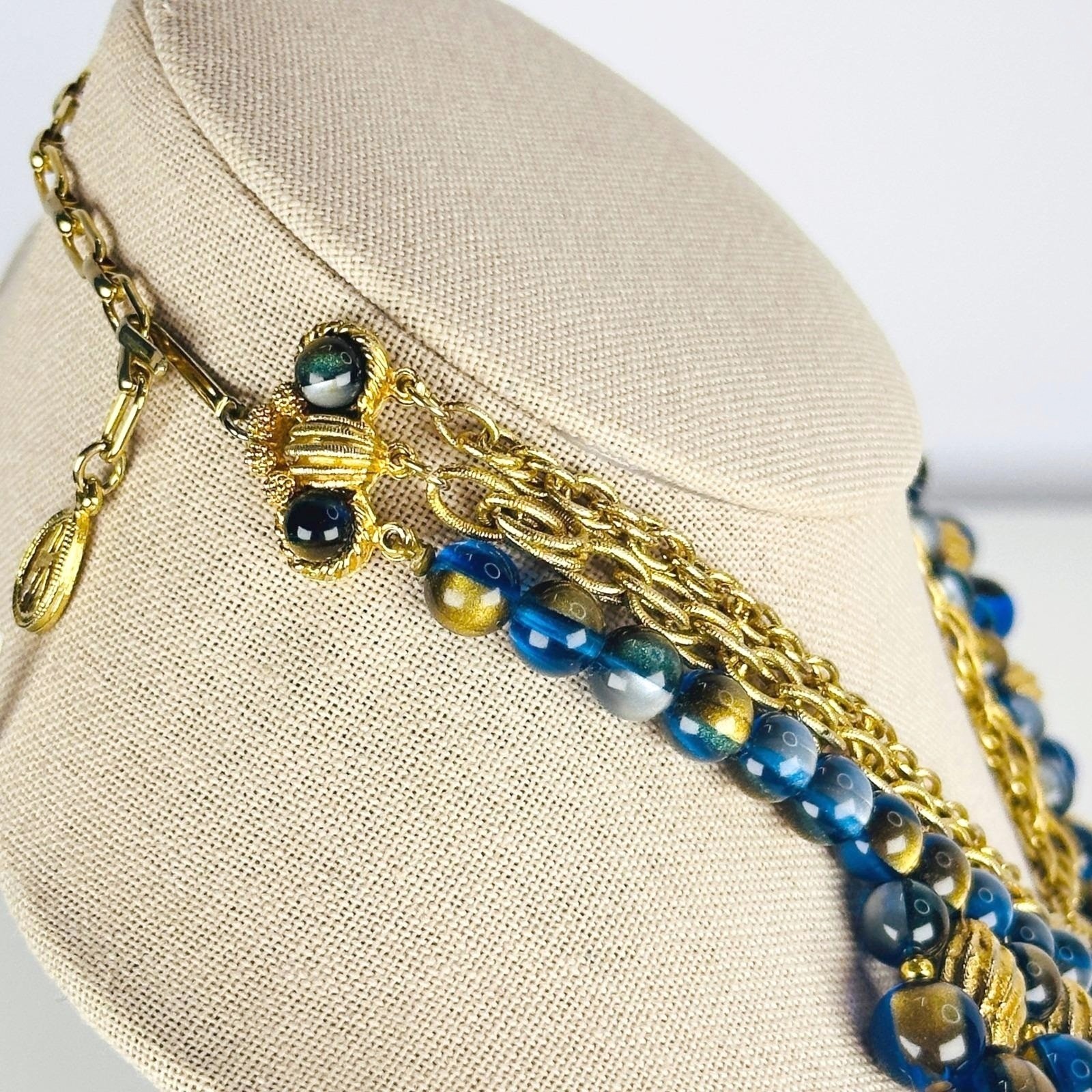 Vintage 1950s Kramer Blue Gold Tone Triple Strand Beaded Statement Necklace