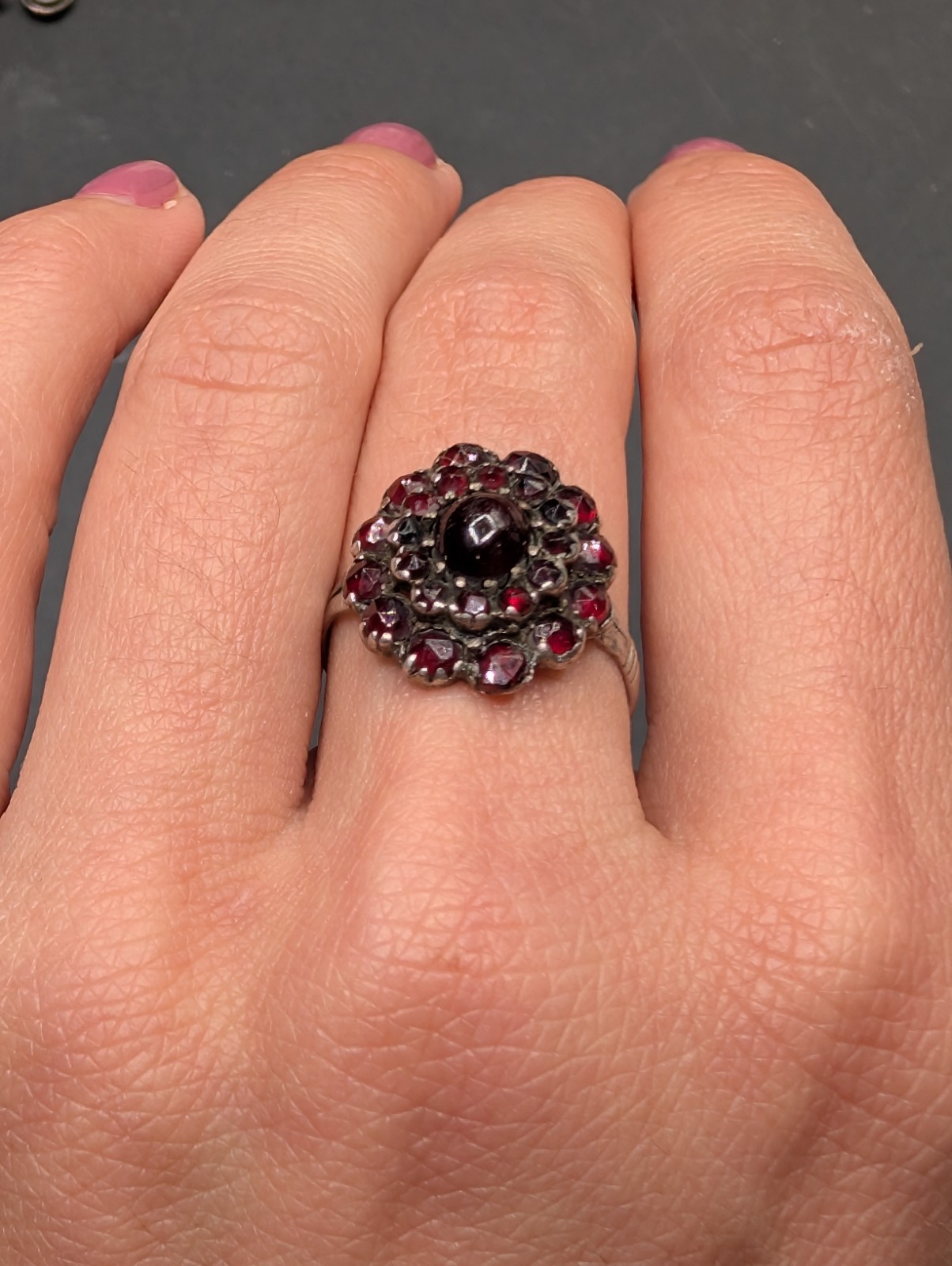 Vintage Sterling Silver Rose Cut Garnet Bohemian Czechoslovakia Ring Sz 8 ⚠️Read