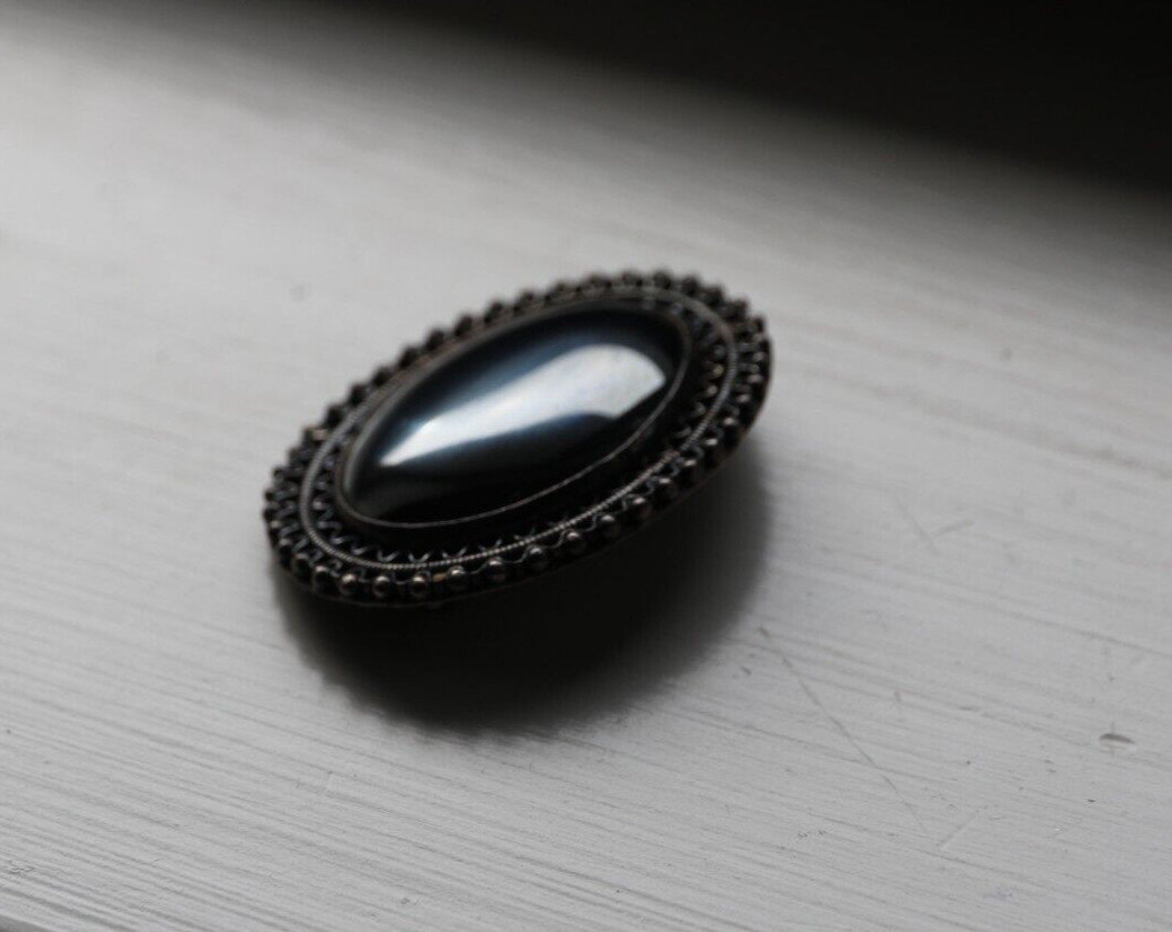 Art Deco SILVER Embossed BROOCH – Large Hematite