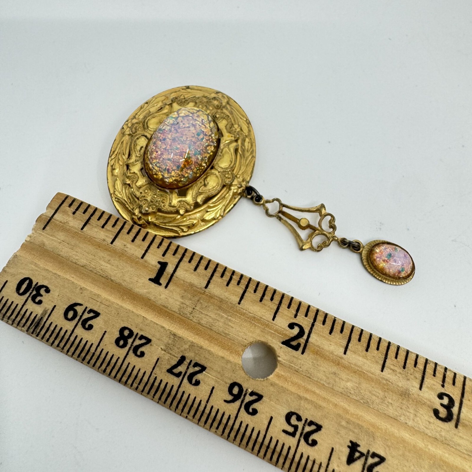 Victorian Revival Czech Foiled Opal Glass Brooch Oval Gold Tone With Dangle 2.5″