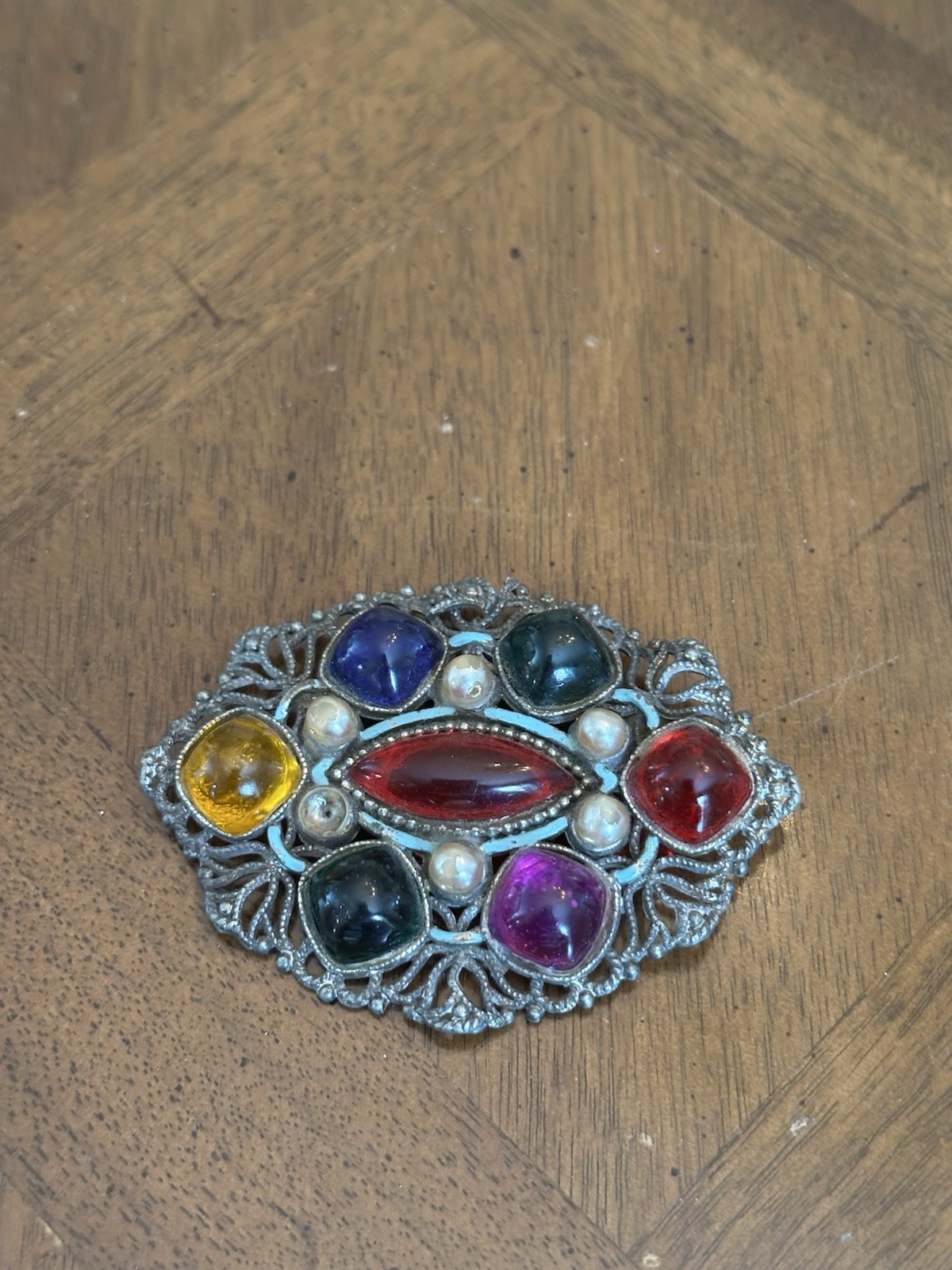 Vintage Czech? Multicolor Glass Cabochon Faux Pearl Brooch Pewter Tone Filigree!
