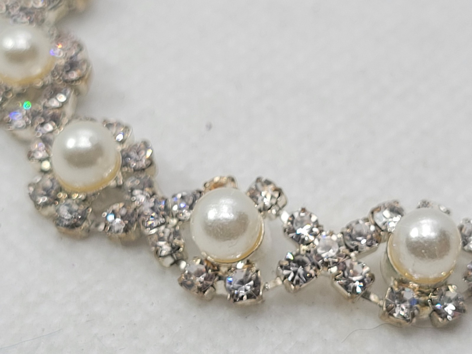 Vintage Bridal Prom Wedding Silver Tone Rhinestone Pearl Imitation Braslet 7.5in