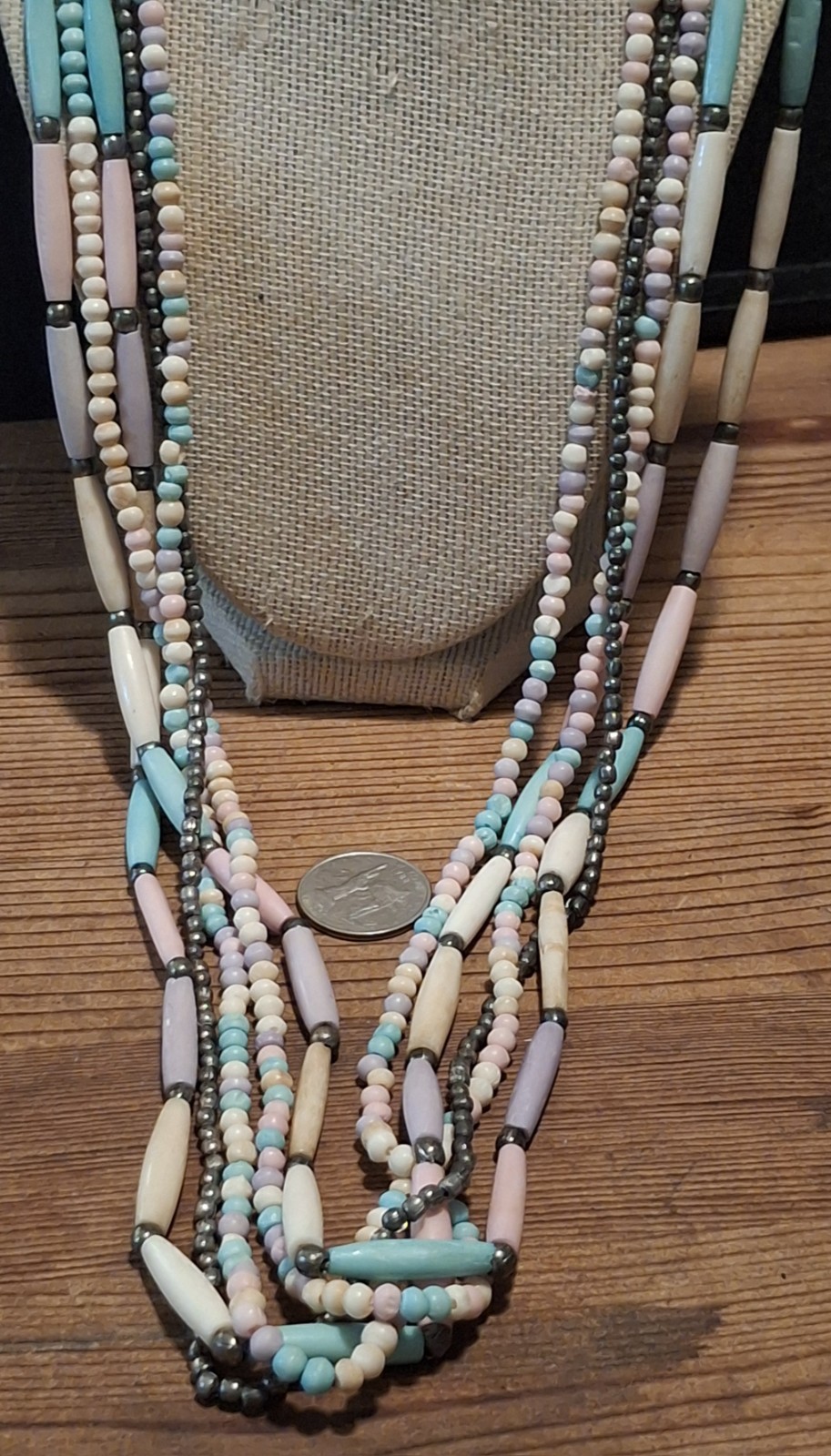 Vintage Pastel Buffalo Bone Beaded Necklace 4 Strand Southwestern Boho 35”