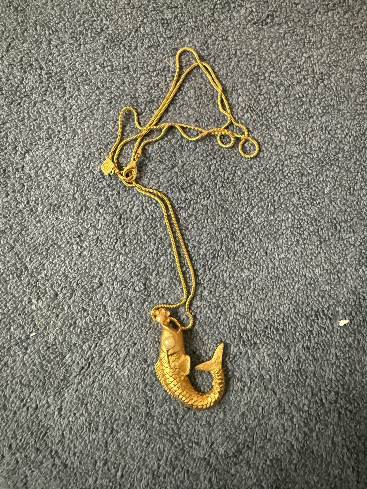 Vintage 1990s Anne Klein Necklace Matte Gold Tone Koi Fish With Pearl Eye & Mout