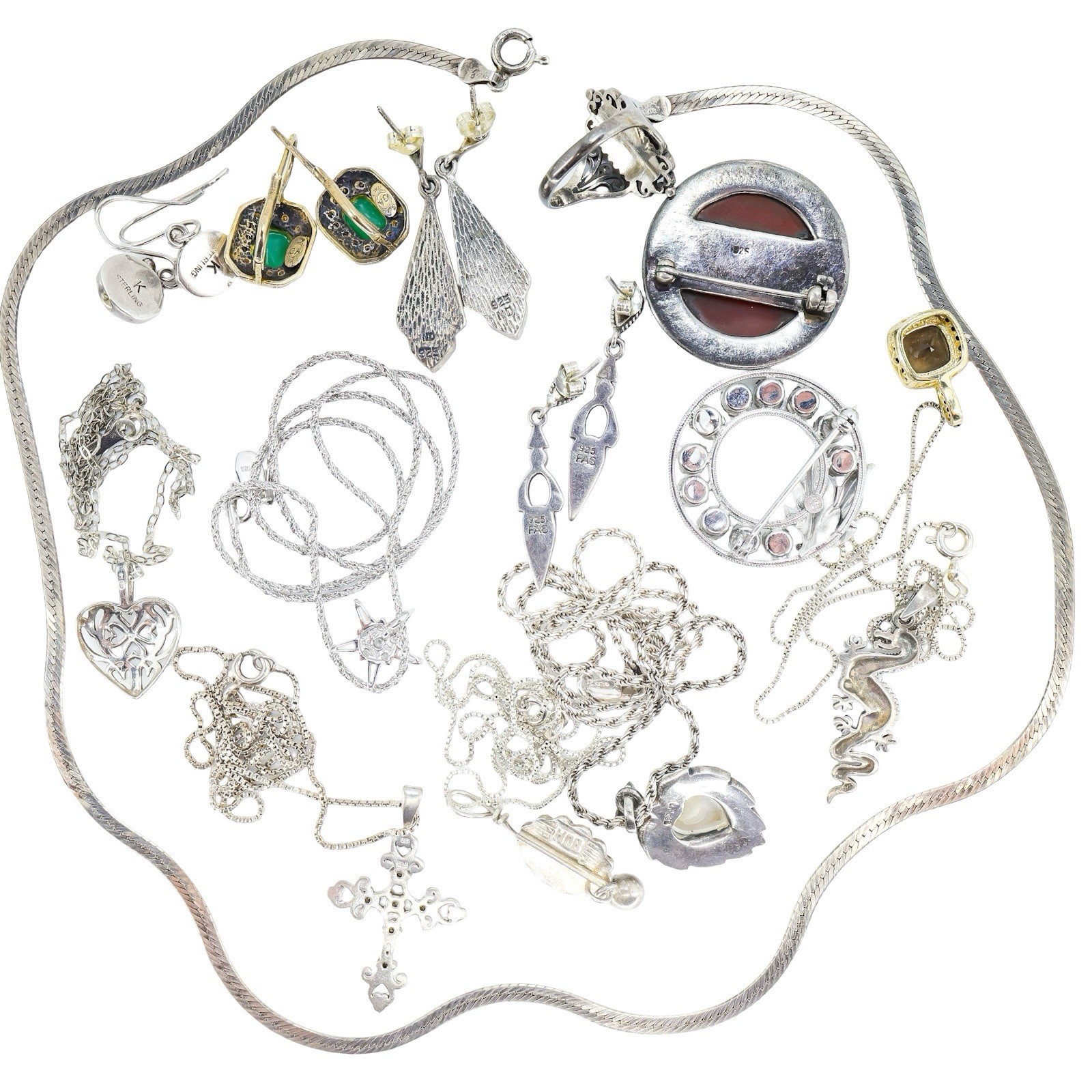 Lot 15pc WEARABLE Sterling Silver Jewelry Necklaces Earrings Art Deco Etc