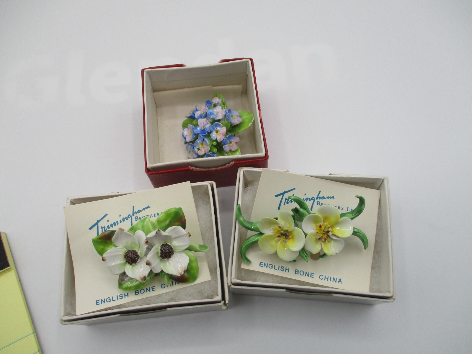 3 PORCELAIN FLOWER BROOCHES ~ ROYAL ADDERLEY, JON ANTON & OTHER MIB! VINTAGE
