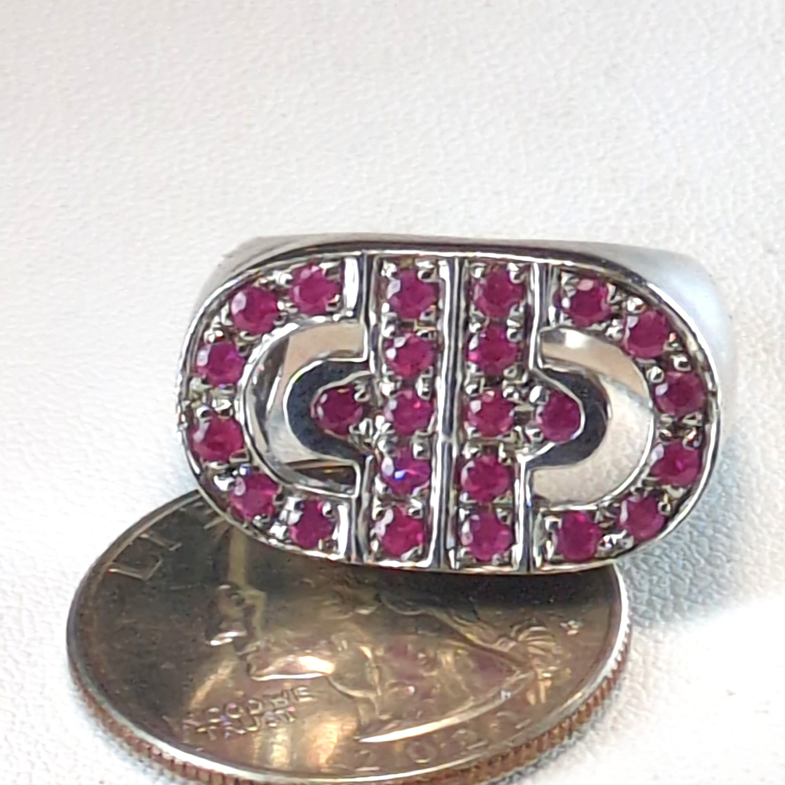 Bold 925 Sterling Silver Geometric CD Logo Revolution Ruby Signet Ring Heavy 11g