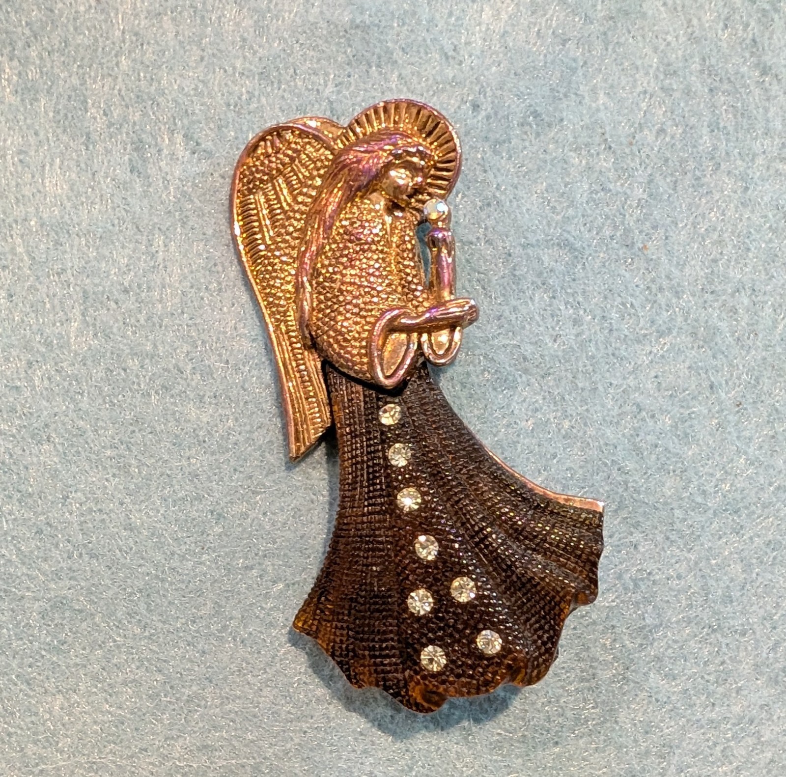 Vintage Rhinestone Angel Brooch Gold Tone Clear Crystals.
