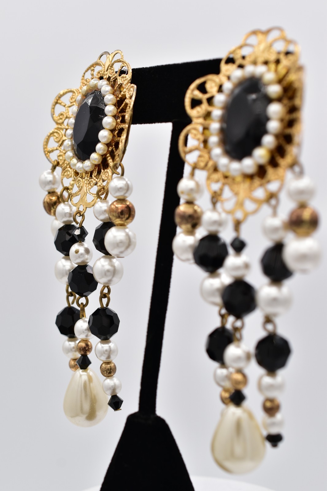 Jacklynn Vintage Beaded Fringe Clip On Earrings Black Crystal Pearl Gold BinBF