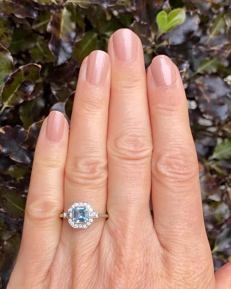 Art Deco Style Aquamarine Lab Created Diamond Engagement 14K White Gold FN Ring