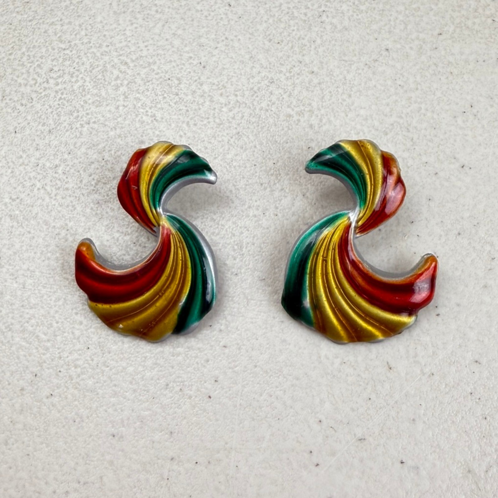 Vintage Rainbow Earrings 1990s Swirl Thin Enamel Colorful Pierced Earrings