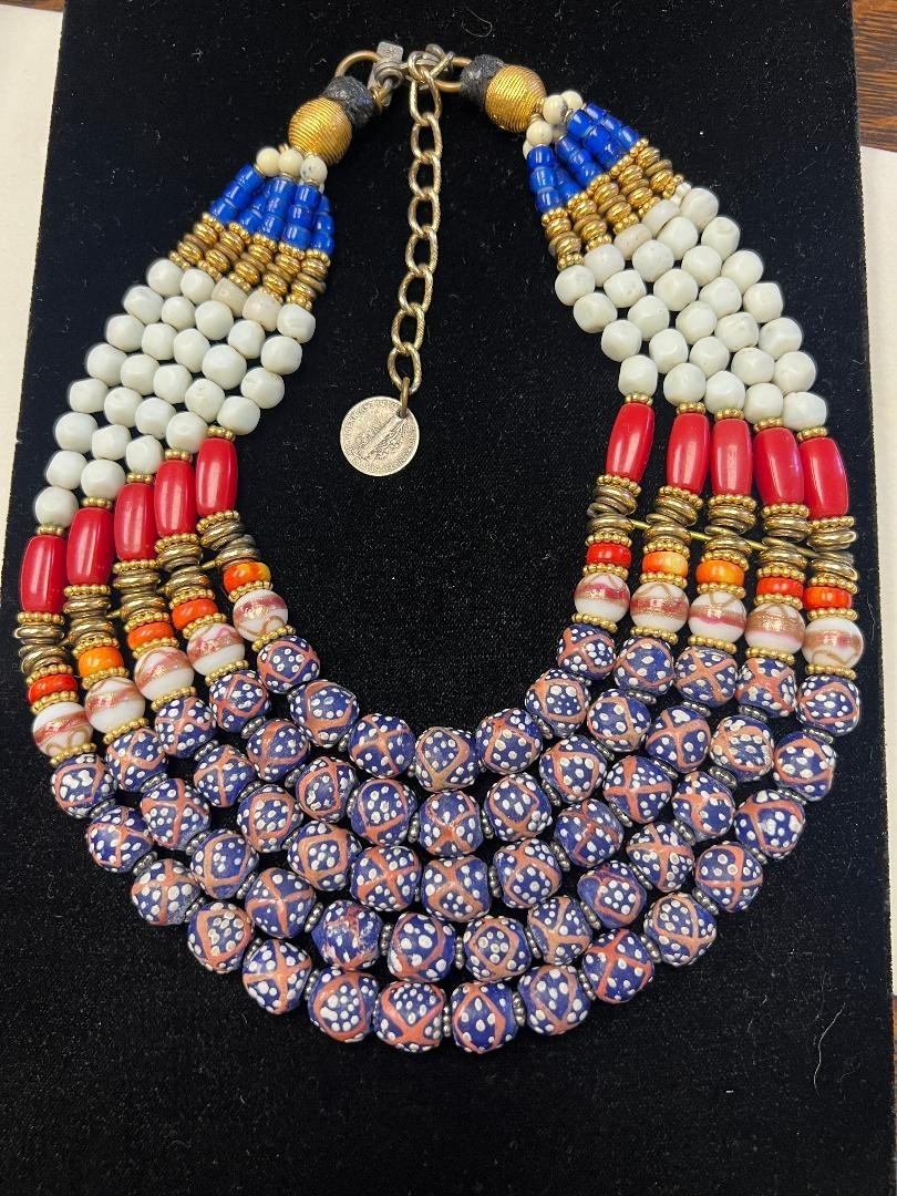 Masha Archer San Francisco Multi Strand Tribal Beaded Necklace Coral Agate Mercu