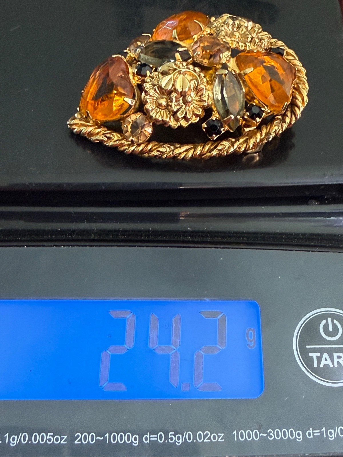 Vintage Rhinestone Brooch Orange Domed Fall Autumn