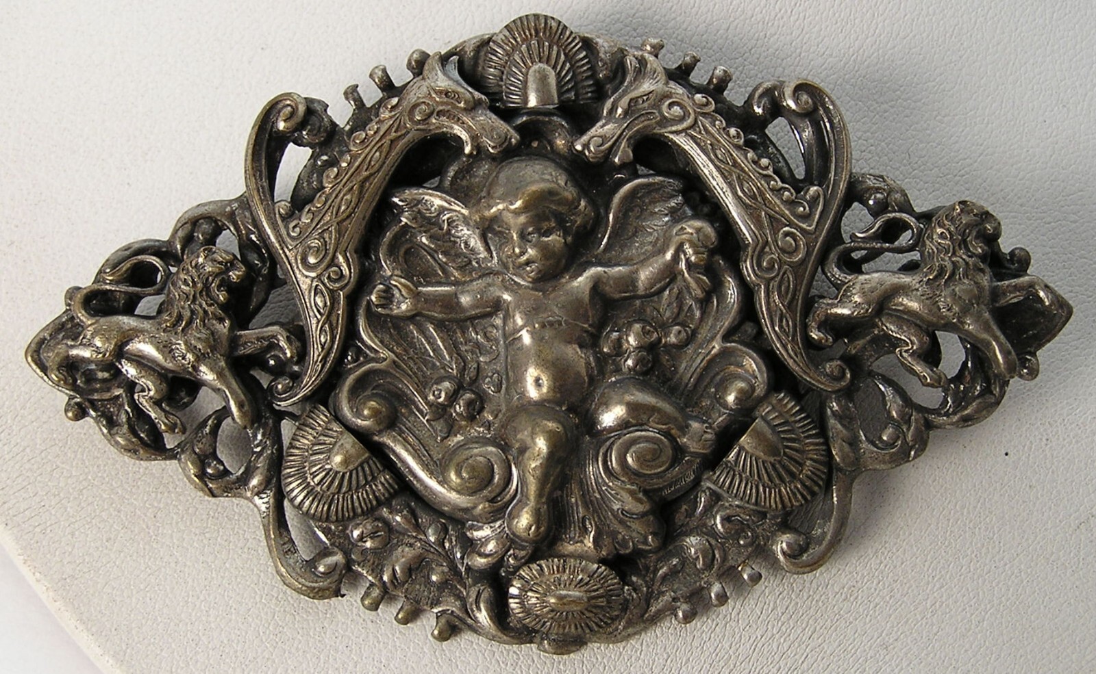 Vintage Coro Oxidized Silver Repousse Multi Layer Cherub Mythical Creatures Pin