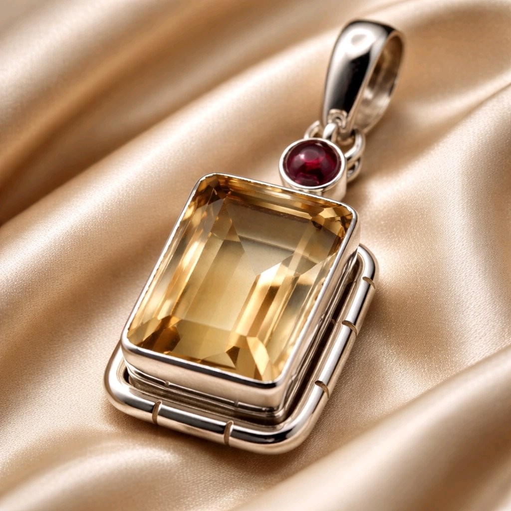 Citrine Pendant Sterling Silver Emerald Cut Garnet Necklace Gemstone Statement