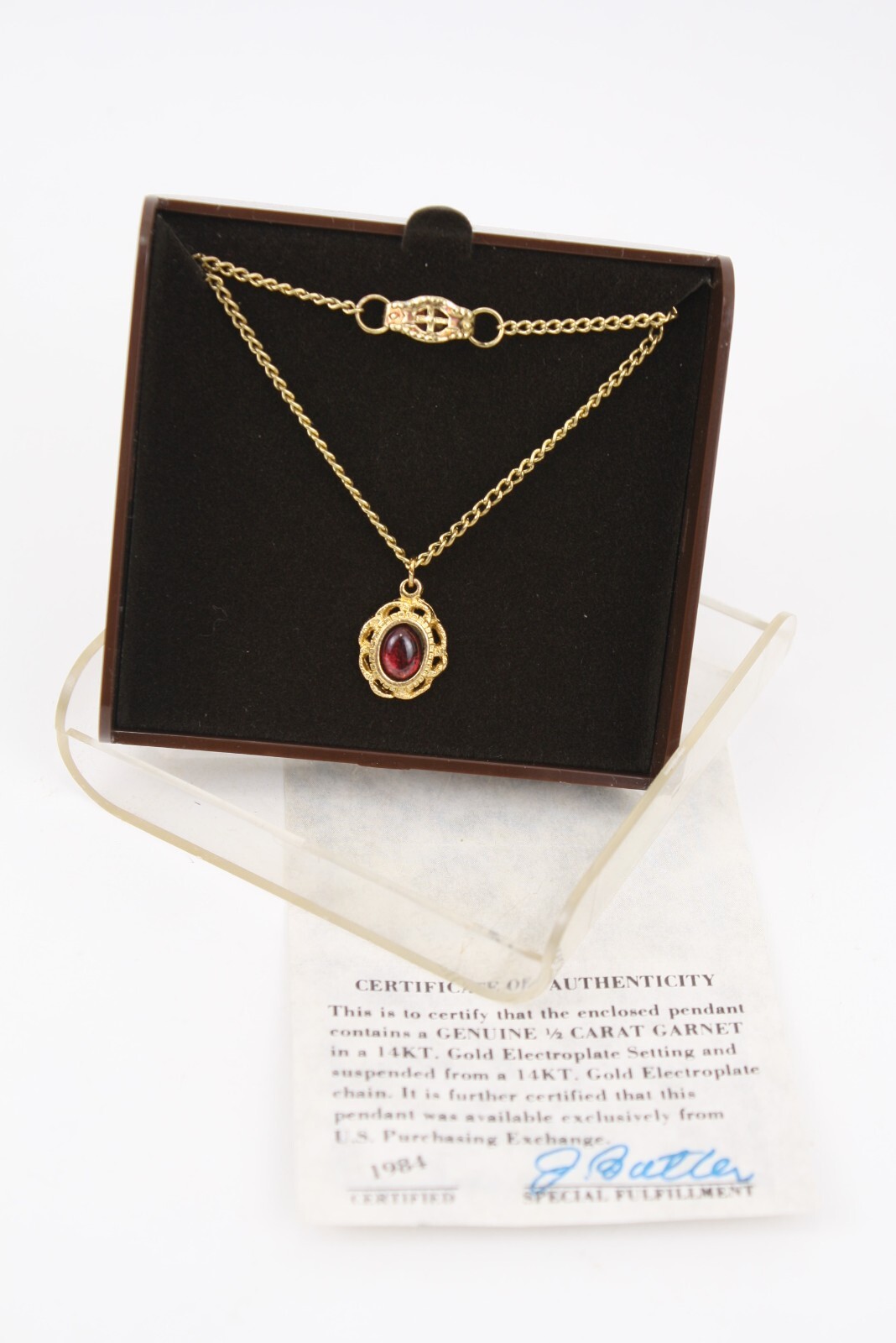 1984 Ronte Beverly Hills 1/2ct Garnet 14k Gold Electroplate Necklace Pendant COA