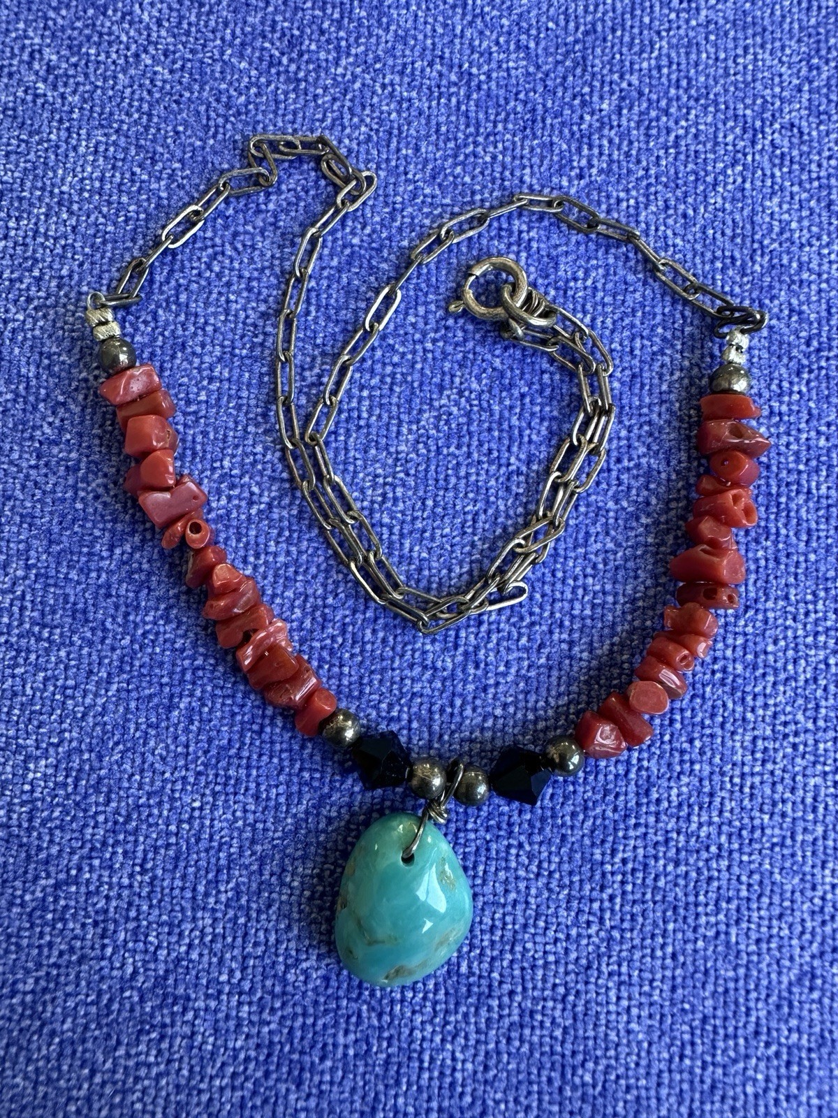 Natural Turquoise Red Coral 925 Sterling Silver Necklace Southwestern Boho