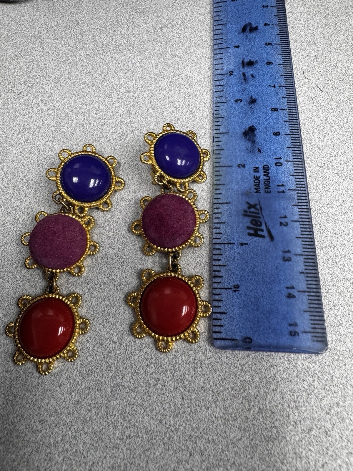 Runway Modernist 3″ Dangle Clip On Earrings Blue Brown Green Gold
