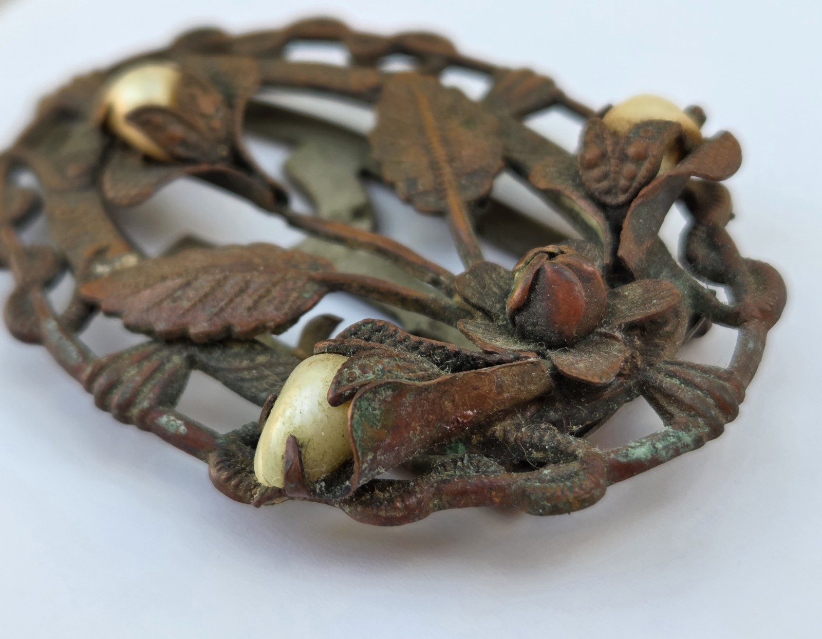 Antique Embossed Floral Bronze Metal Art Nouveau Pearl Flower Brooch Pin