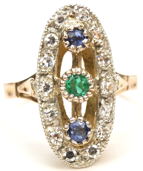 Victorian Emerald Sapphire Diamond Engagement Ring Size 6.75 UK-N 18KY EGL USA