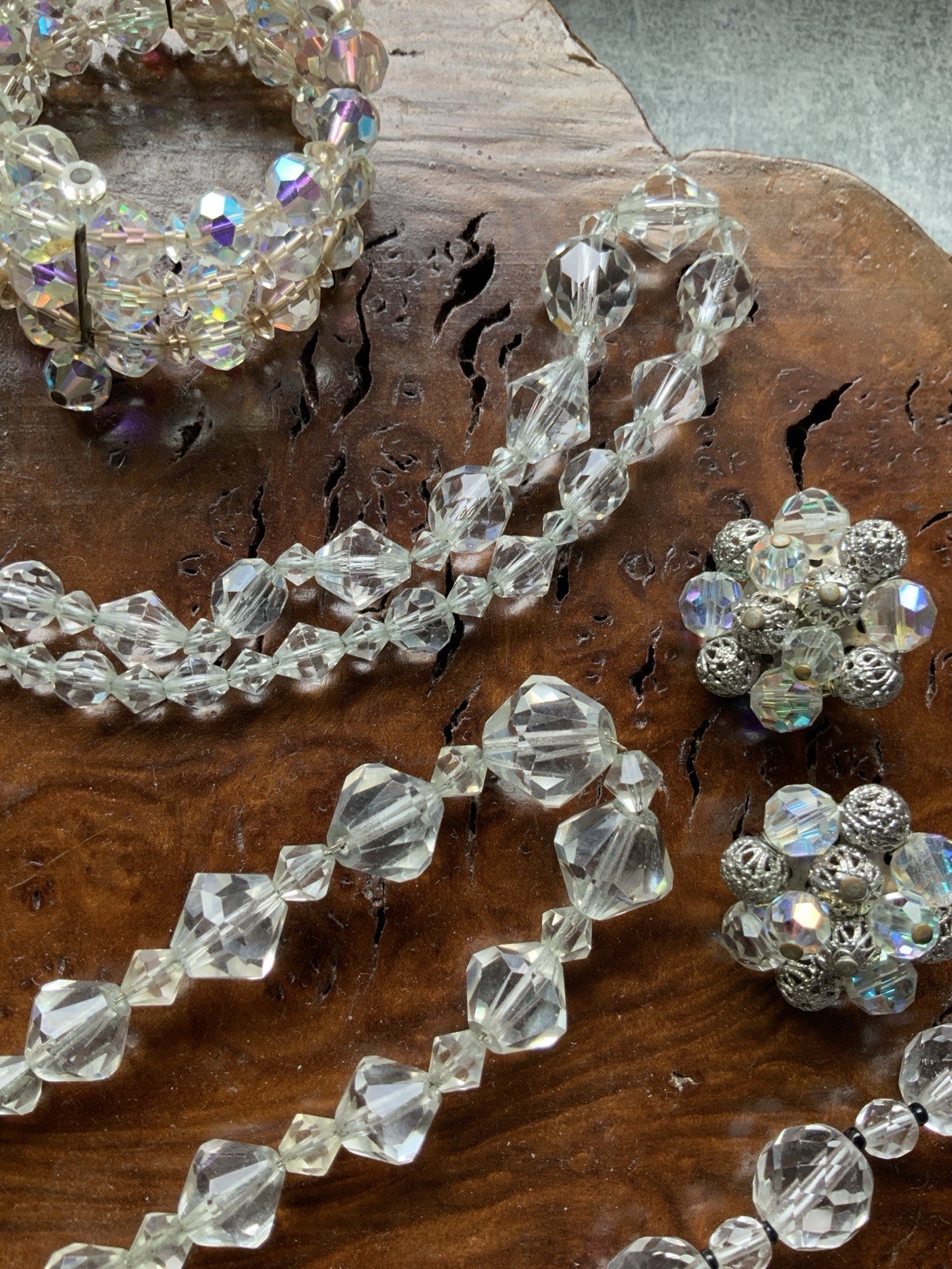 Clear Aurora Borealis Faceted Crystal Bead Rhinestone Jewelry Lot Vintage