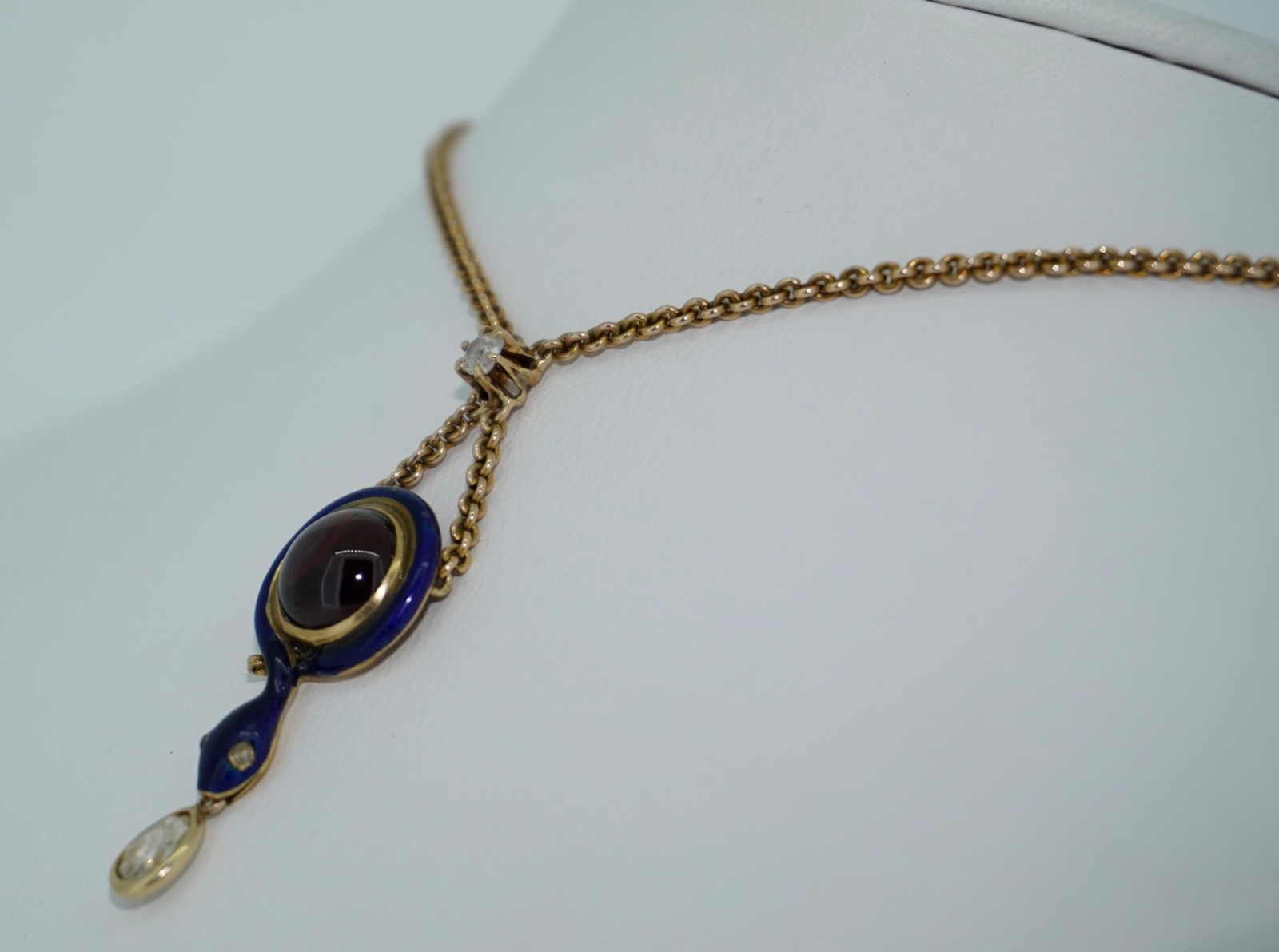Antique 14K Enamel Snake With Diamonds & Garnet Necklace