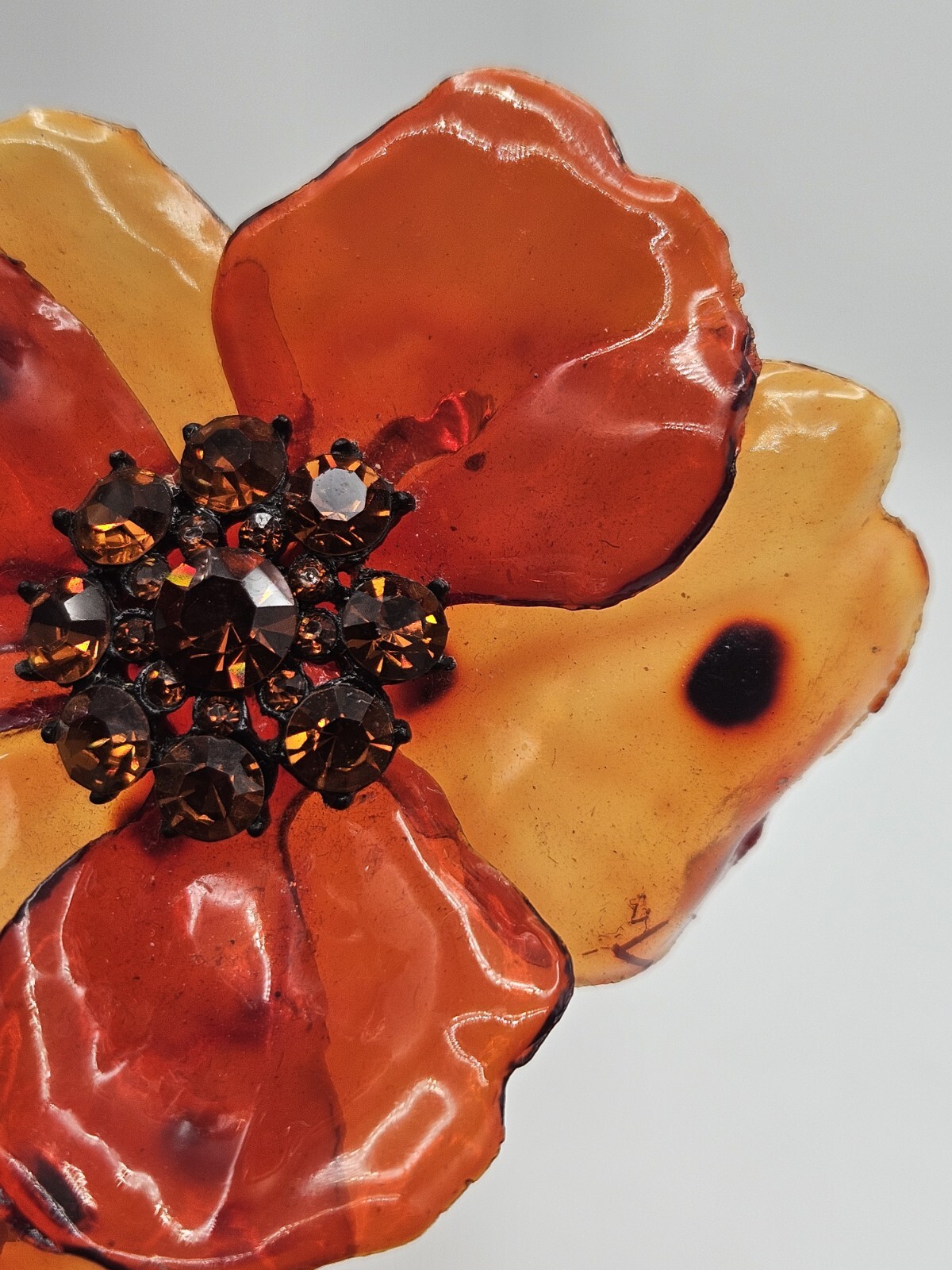 Vintage Orange Lucite Acetate Acrylic Topaz Rhinestone Flower Brooch Pin