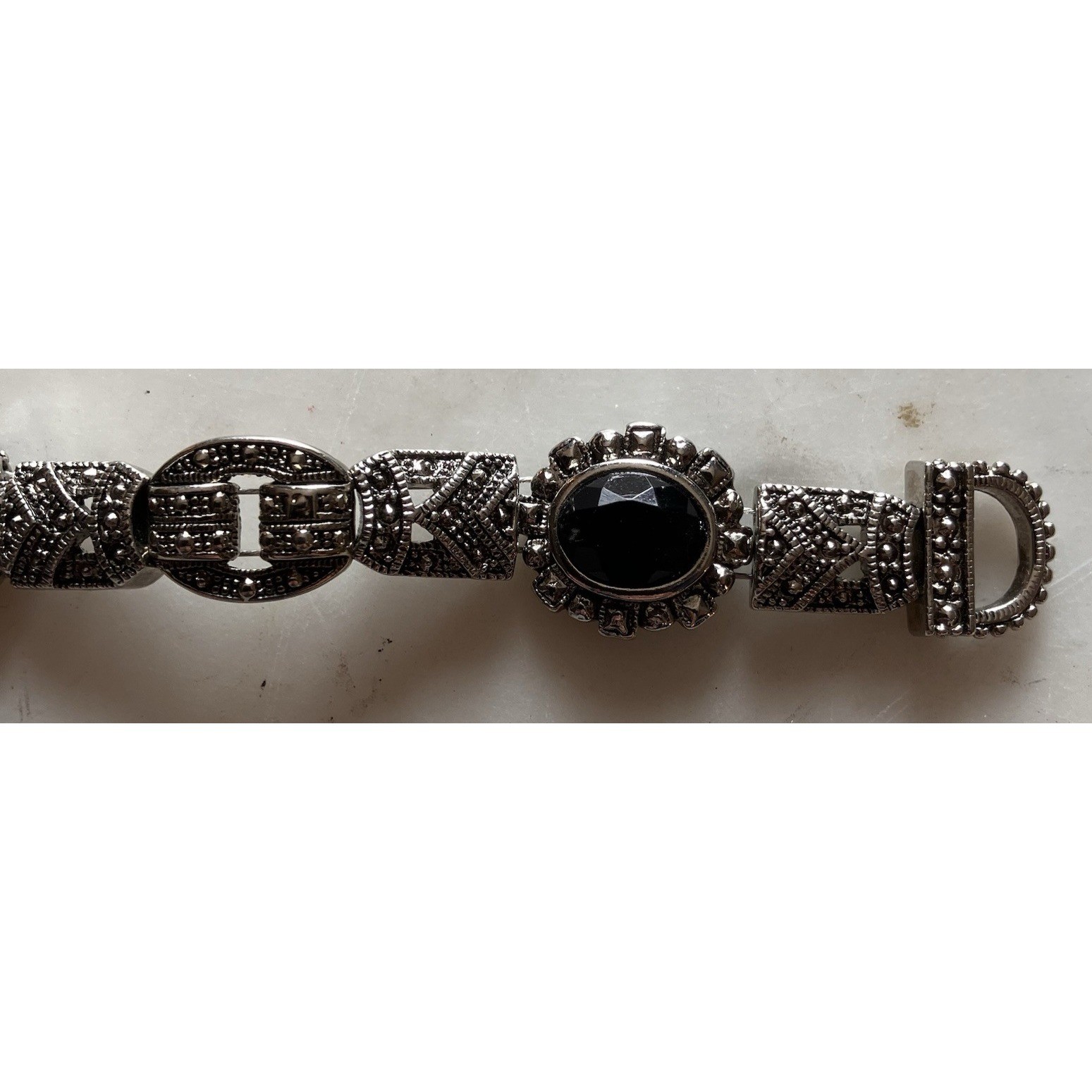 Vintage Silvertone Marcasite Black Stone 7.5″ Bracelet Sparkle EUC