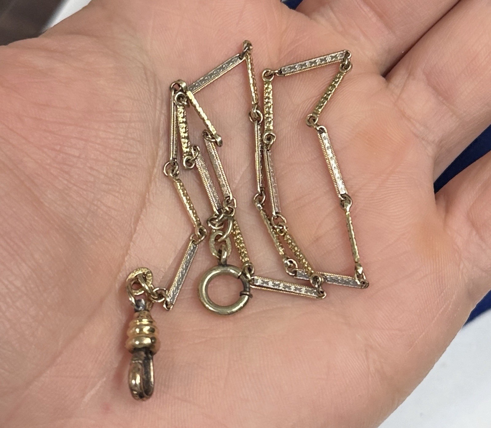 4.7g 2 Tone Gold Filled Fob Detail Bar link 13.5” 2.4mm victorian Gf Watch Chain