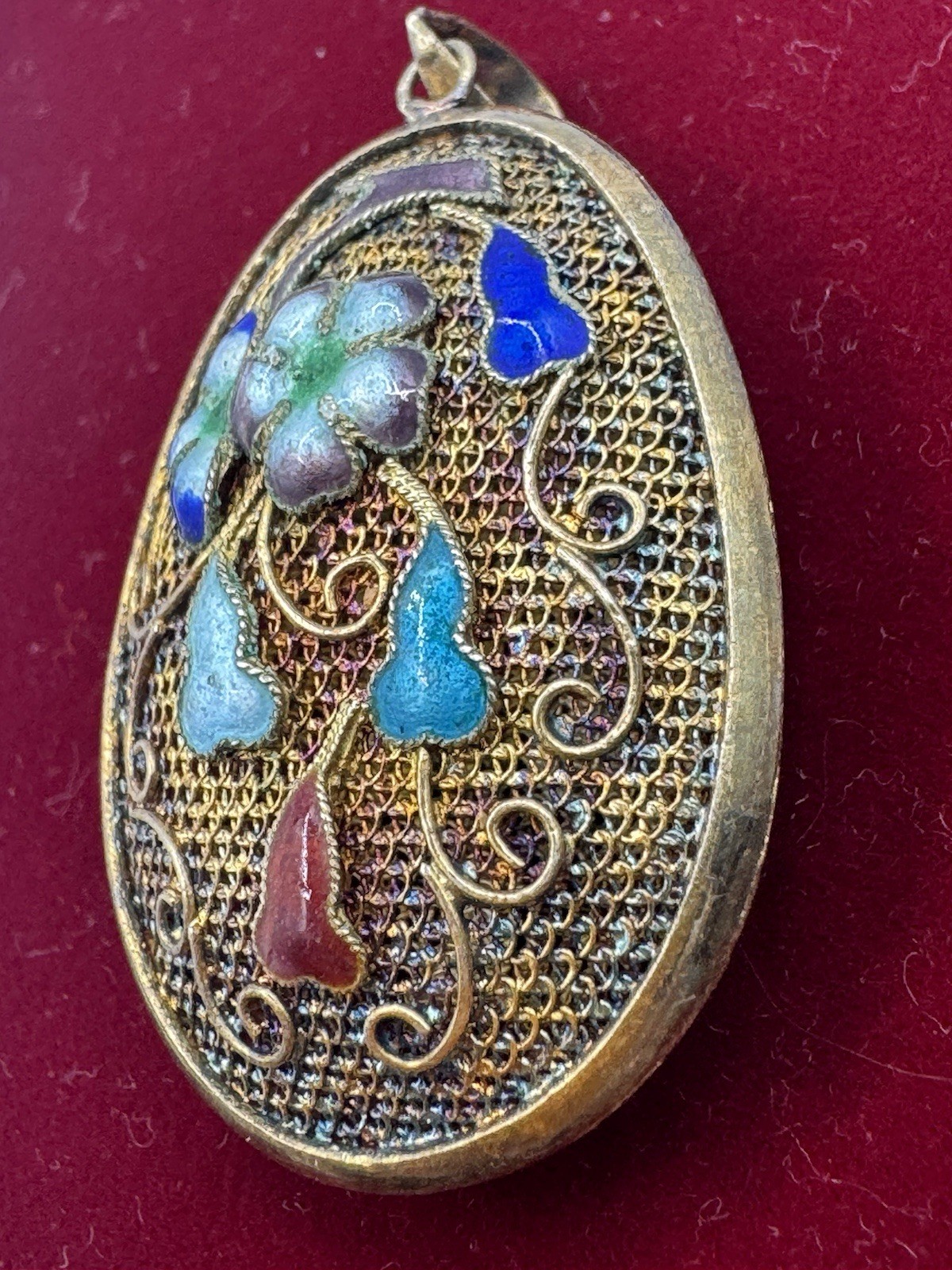 Chinese Export Vintage Silver Multi Color Enamel Flower Pendant Large Sterling