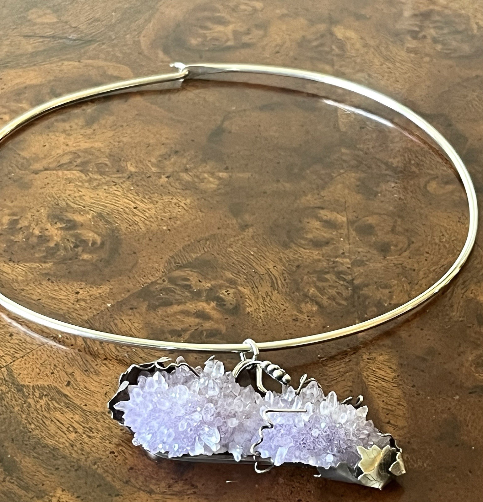 Vtg Arthur King Era MCM Brutalist Sterling Amethyst Druzy Statement Necklace