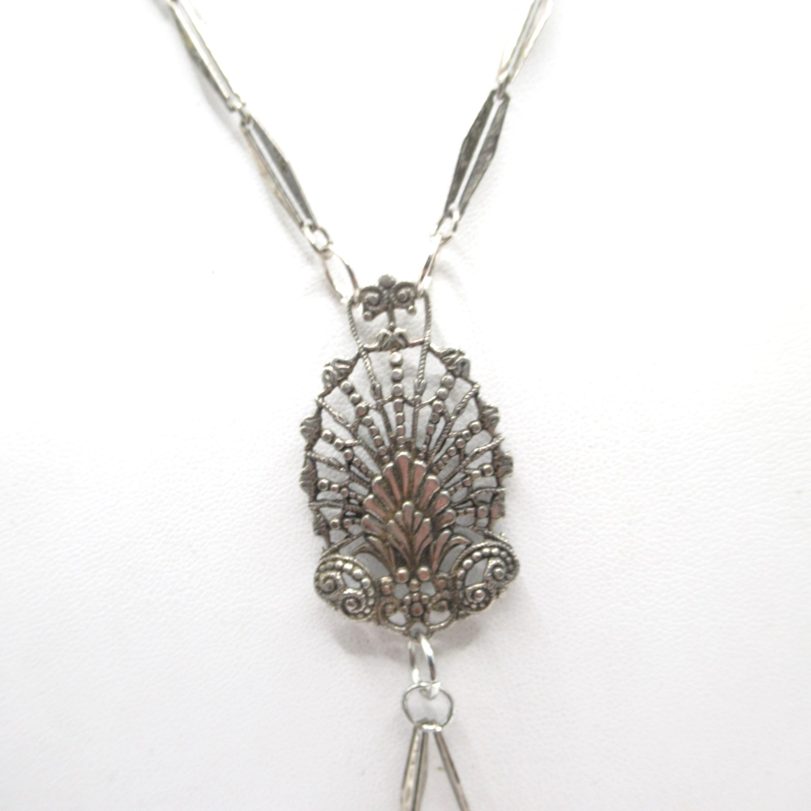 Dark Silver Tone Very Long Abstract Pendant Necklace Old w Fringe