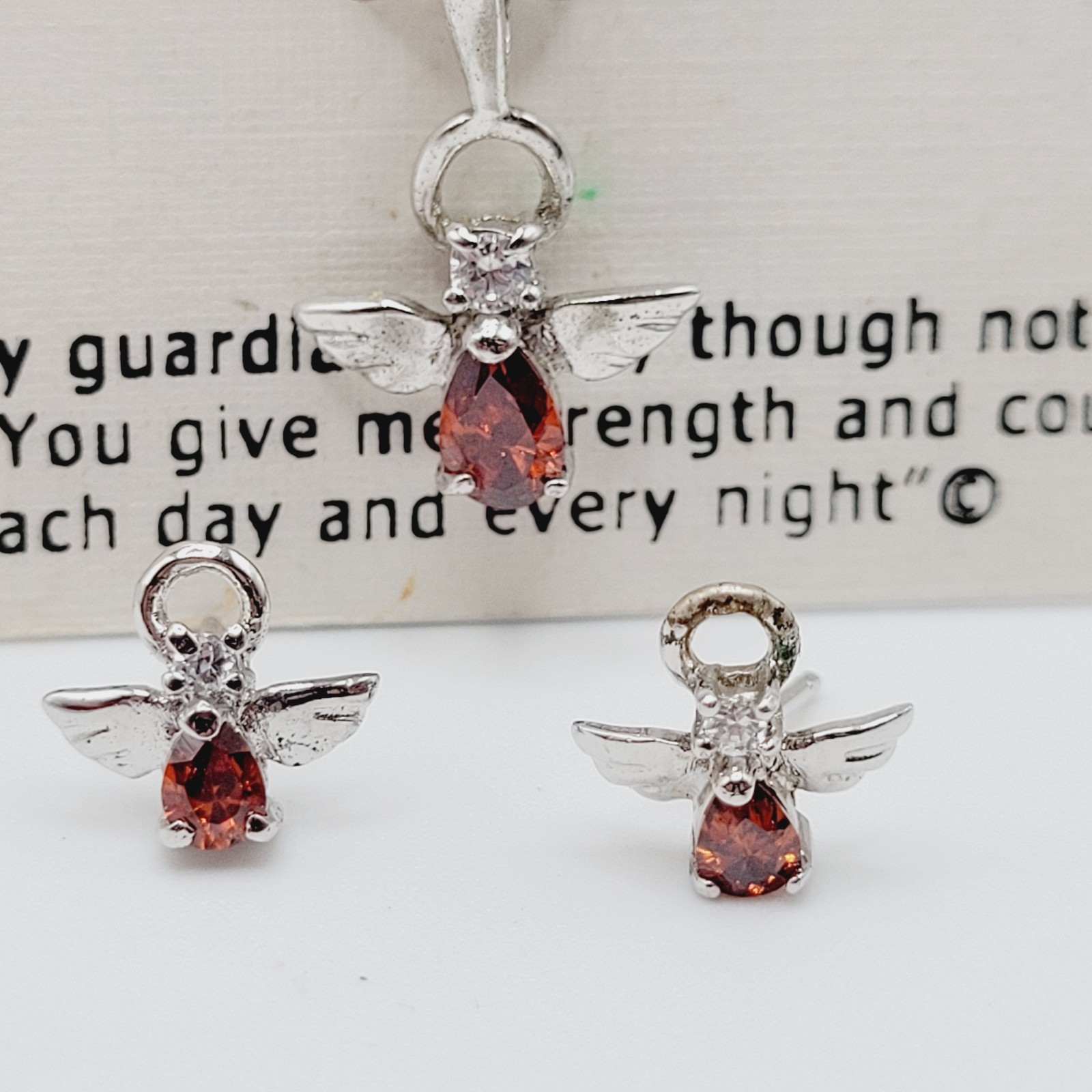 Red Rhinestone Guardian Angel Necklace Earring Set with Card Vintage 1990s