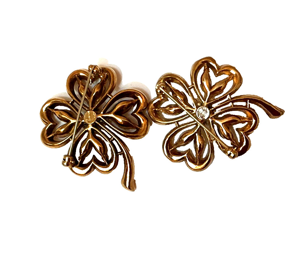 Vintage Crown Trifari Sterling Sillver Clover Brooch Pin Goldtone Set of 2