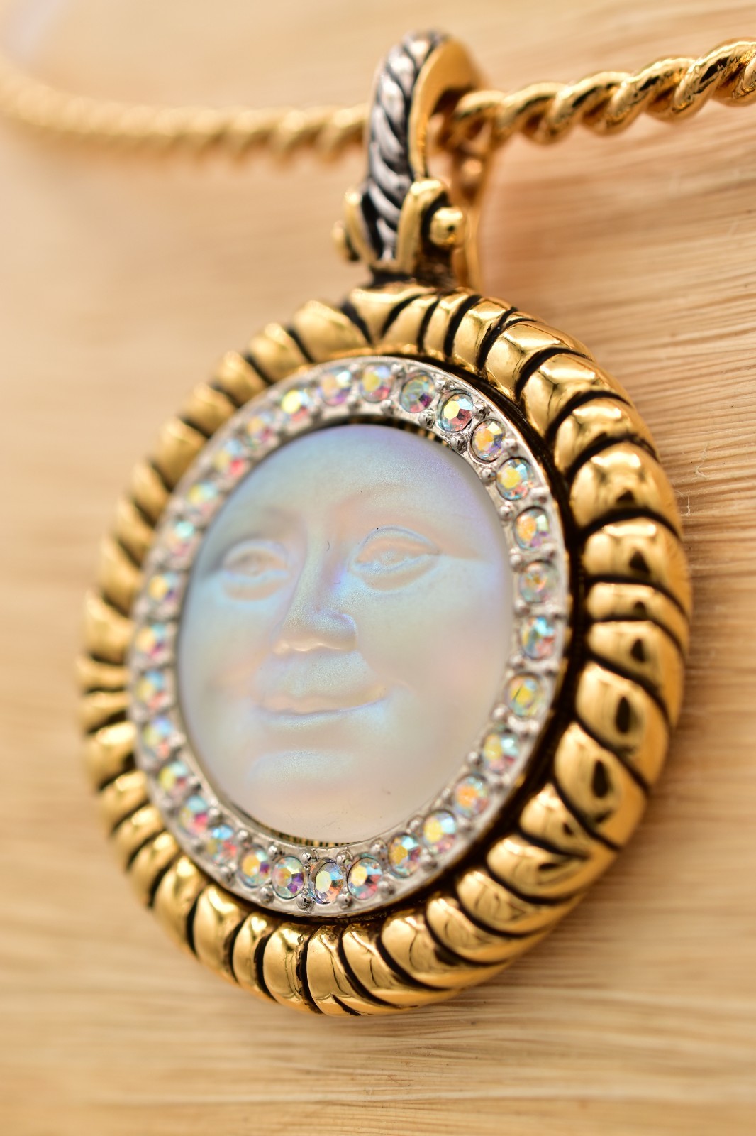 Vintage Kirks Folly Seaview Moon Face Pendant Necklace Gold AB Crystal 80s Bin3D