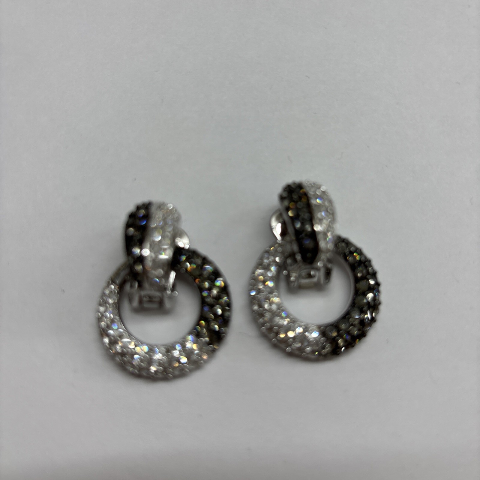 NOLAN MILLER Earrings Black/White Crystal Silver Tone Circle Drop, Clip/style