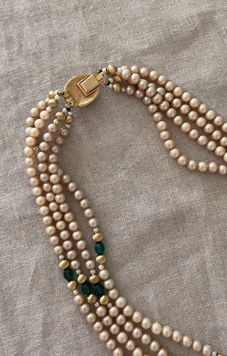 Vintage 4 Layered Ivory Pearl Green Glass Crystal Pave Clasp Beaded 24” Necklace