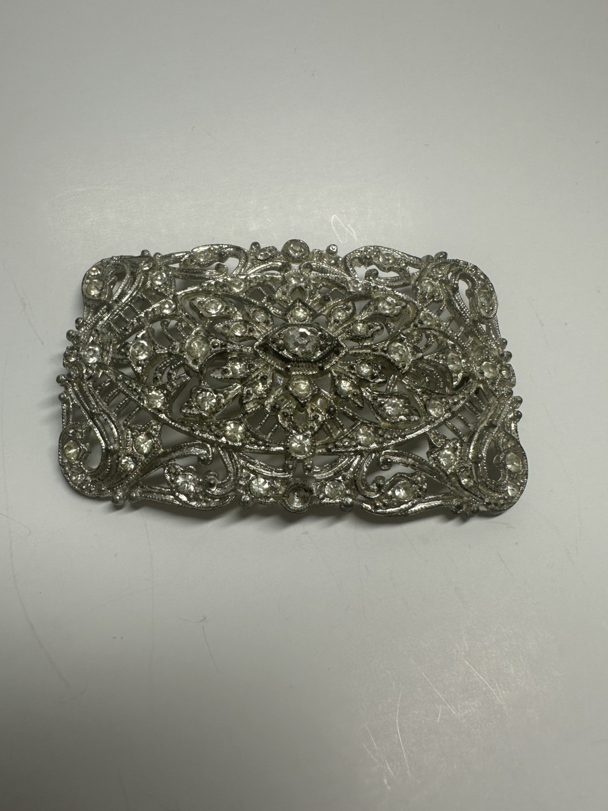 New England Glass Works Art Deco Silver Rhinestone Filagree Brooch